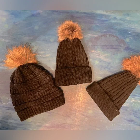 Beanie Cap Black Beanie With Tan Pom Pom Hat-43 Thick Warm Cap Hat